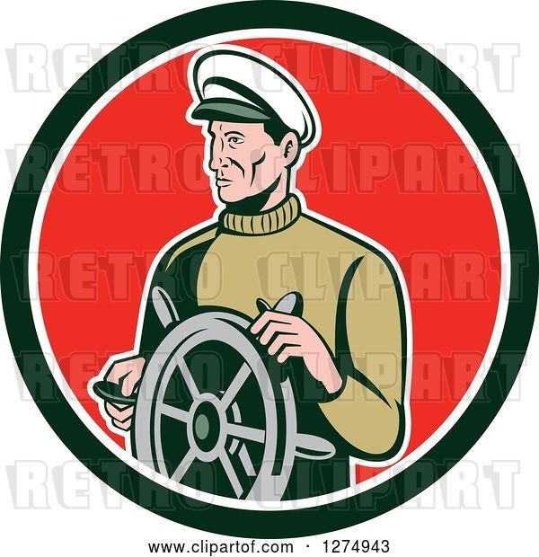 Vector Clip Art of Retro Male Sea Captain at the Wheel in a Black White and Red Circle