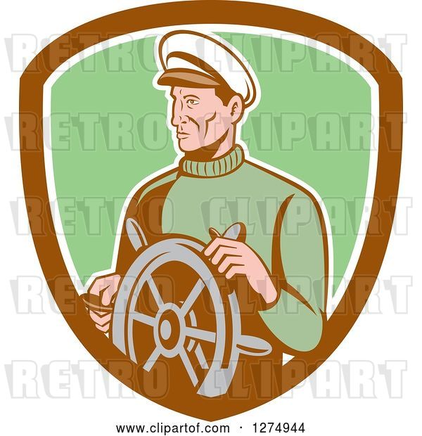 Vector Clip Art of Retro Male Sea Captain at the Wheel in a Brown White and Green Shield