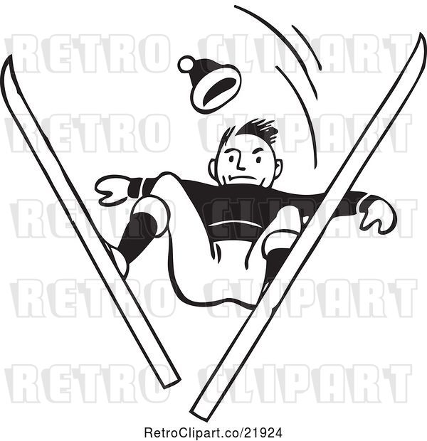 Vector Clip Art of Retro Male Skier Catching Air and Looking down