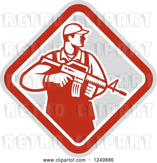 Vector Clip Art of Retro Male Soldier Holding a Rifle in a Diamond