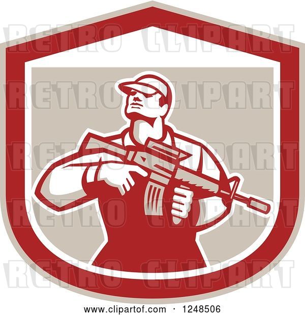 Vector Clip Art of Retro Male Soldier Holding a Rifle in a Shield
