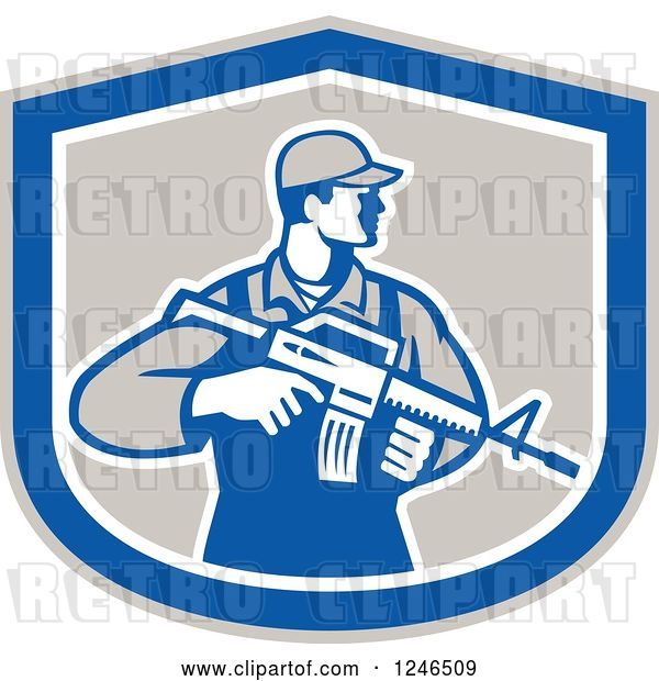 Vector Clip Art of Retro Male Soldier Holding an Assault Rifle in a Shield