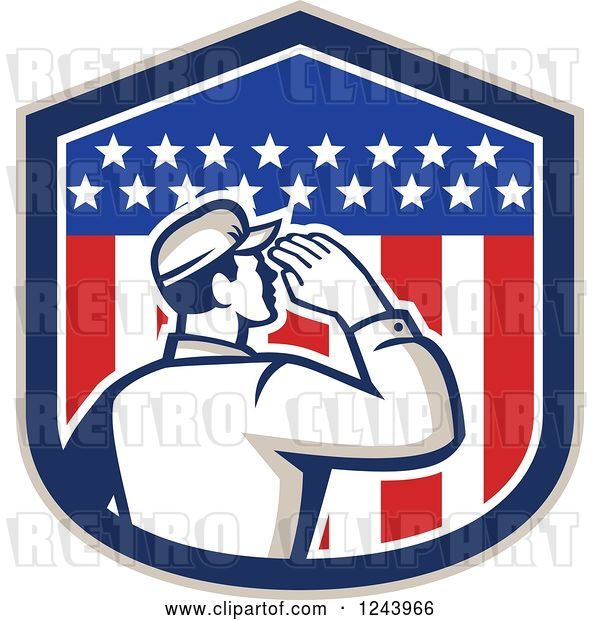 Vector Clip Art of Retro Male Soldier Saluting in an American Flag Shield