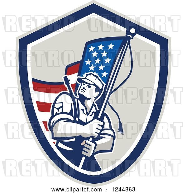 Vector Clip Art of Retro Male Soldier Waving an American Flag in a Shield