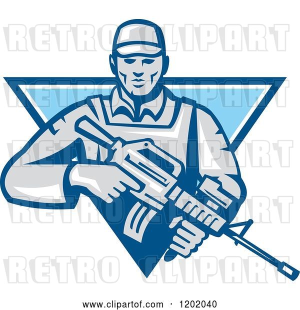 Vector Clip Art of Retro Male Soldier with an Assault Rifle in a Blue Triangle
