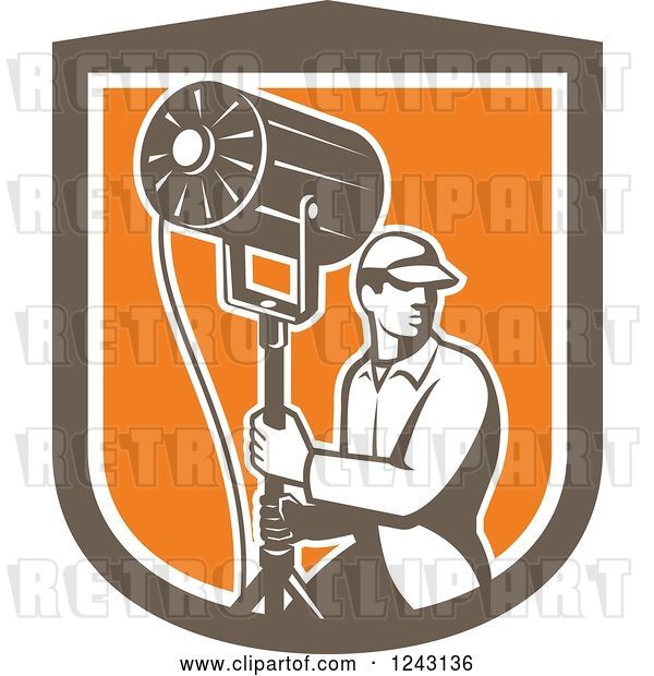 Vector Clip Art of Retro Male Stage Worker Moving a Lighting Stand in a Shield