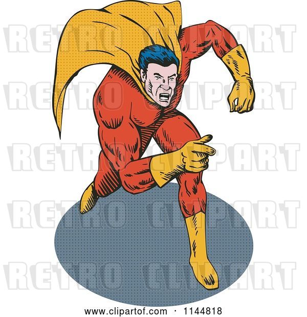 Vector Clip Art of Retro Male Superhero Running and Pointing 2