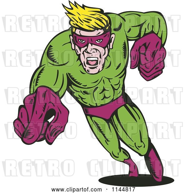 Vector Clip Art of Retro Male Superhero Running and Pointing 3