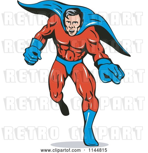 Vector Clip Art of Retro Male Superhero Running and Pointing