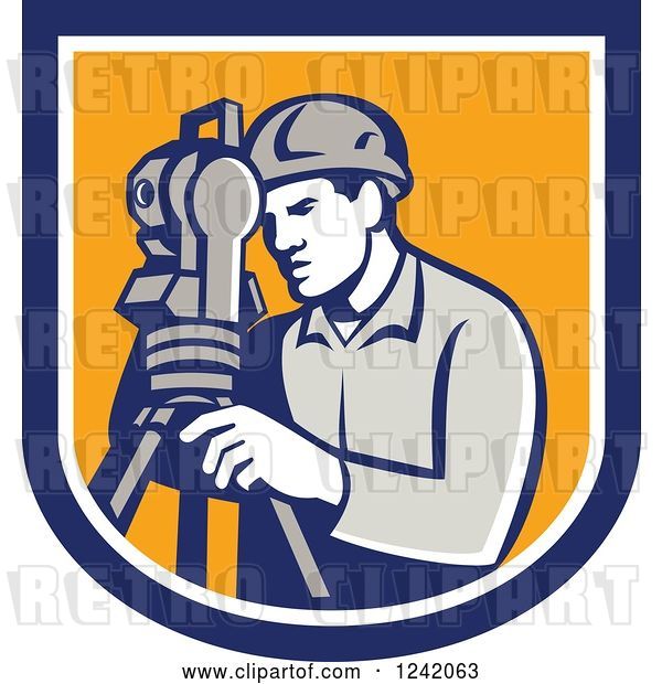 Vector Clip Art of Retro Male Surveyor Using a Theodolite in a Blue and Yellow Shield