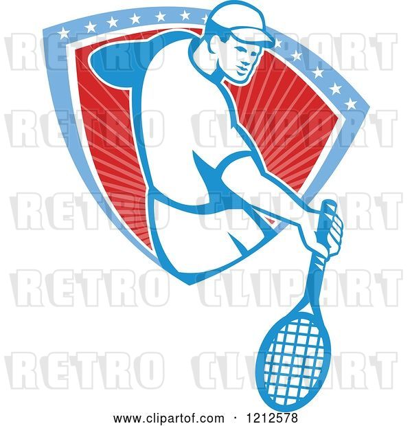 Vector Clip Art of Retro Male Tennis Player Emerging from a Stars and Stripes Shield