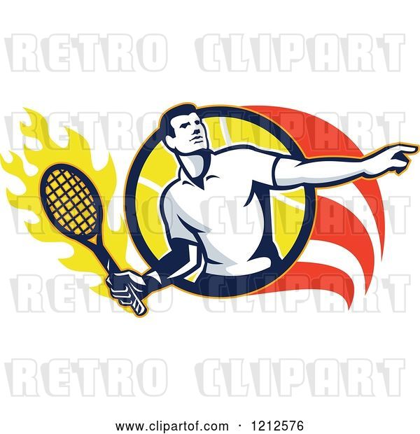 Vector Clip Art of Retro Male Tennis Player in a Flaming Circle