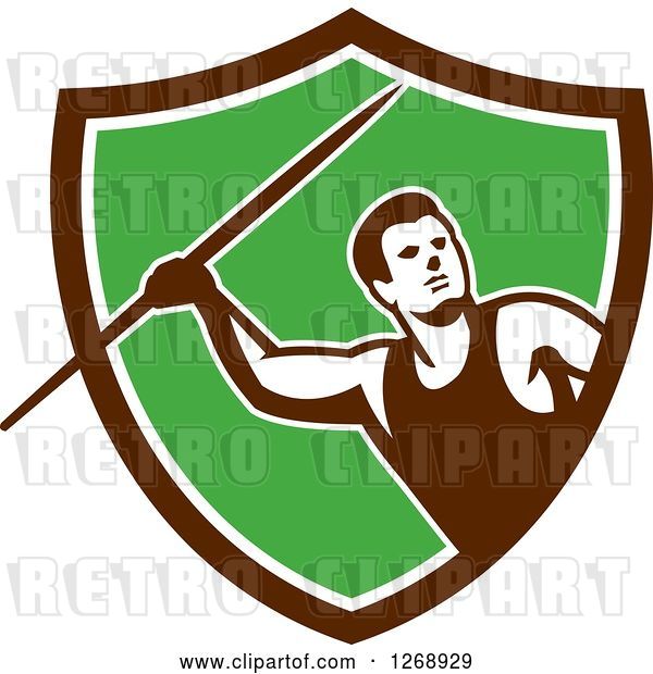 Vector Clip Art of Retro Male Track and Field Javelin Thrower in a Brown White and Green Shield