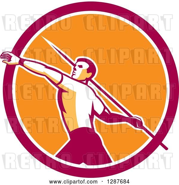 Vector Clip Art of Retro Male Track and Field Javelin Thrower in a Pink White and Orange Circle
