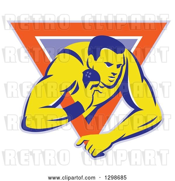 Vector Clip Art of Retro Male Track and Field Shot Put Athlete Throwing in a Purple White and Orange Triangle