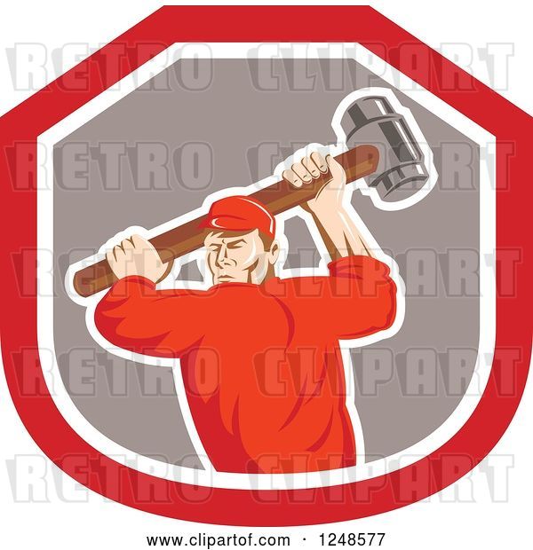 Vector Clip Art of Retro Male Union Worker Swinging a Sledgehammer in a Shield