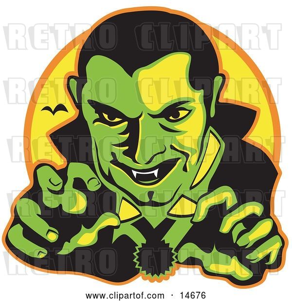 Vector Clip Art of Retro Male Vampire with Dark Hair Slicked Back, Reaching Outwards While Grinning and Showing His Fangs As a Vampire Bat Flies in the Distance Clipart Illustration