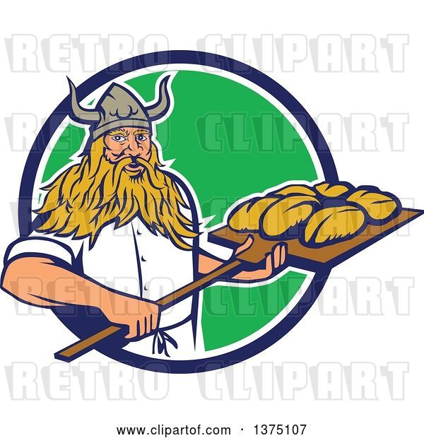 Vector Clip Art of Retro Male Viking Warrior Baker Holding a Peel with Bread Dough, Emerging from a Blue White and Gree Circle
