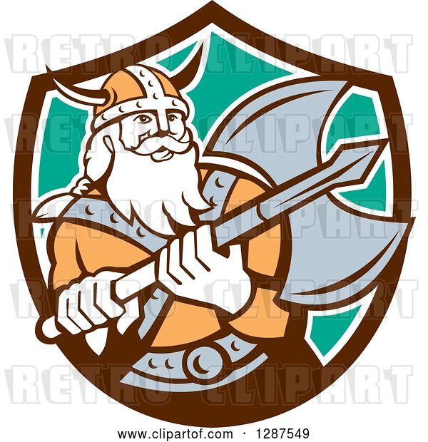 Vector Clip Art of Retro Male Viking Warrior with a Battle Axe in a Brown White and Turquoise Shield