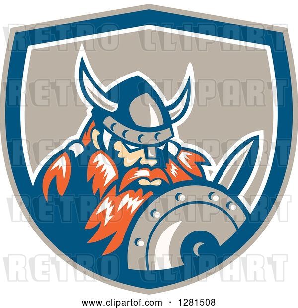 Vector Clip Art of Retro Male Viking Warrior with a Sword and Shield Inside a Taupe Blue and White Crest