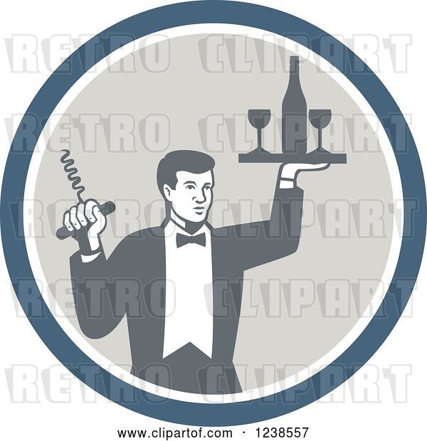 Vector Clip Art of Retro Male Waiter Serving Wine in a Circle