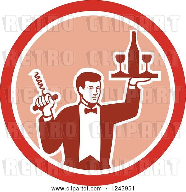 Vector Clip Art of Retro Male Waiter Serving Wine in a Pink and Red Circle