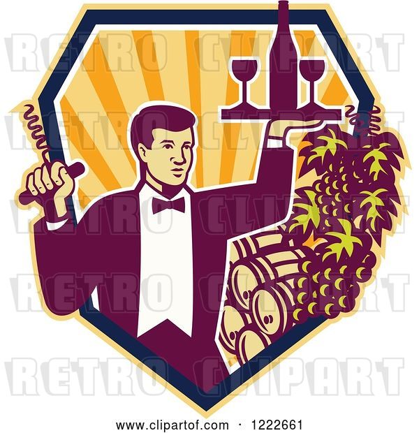 Vector Clip Art of Retro Male Waiter Serving Wine over Barrels in a Shield of Rays