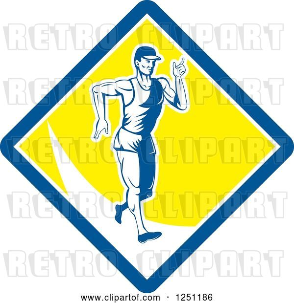 Vector Clip Art of Retro Male Walkathon Guy in a Blue White and Yellow Diamond