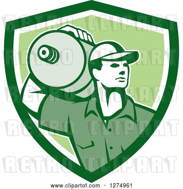 Vector Clip Art of Retro Male Water Delivery Worker in a Green and White Shield