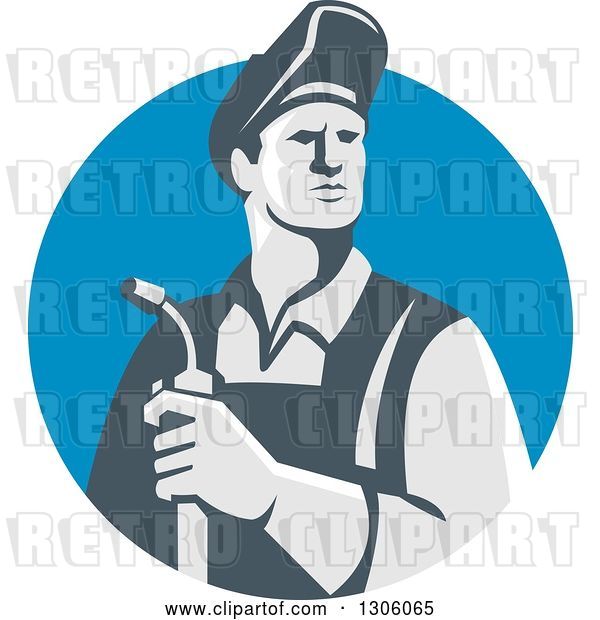 Vector Clip Art of Retro Male Welder Holding a Torch in a Blue Shield