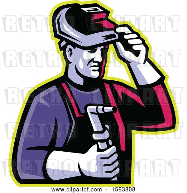Vector Clip Art of Retro Male Welder Lifting His Visor and Holding a Torch