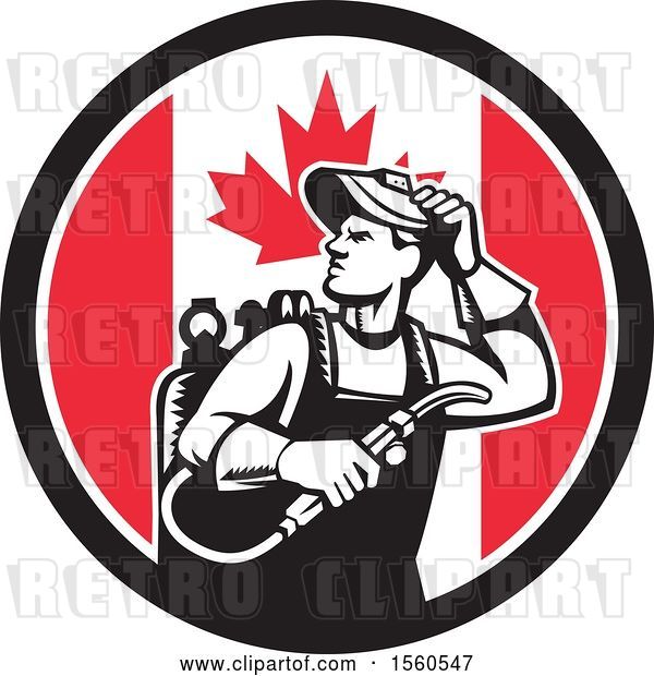 Vector Clip Art of Retro Male Welder Looking Back over His Shoulder in a Canadian Flag Circle