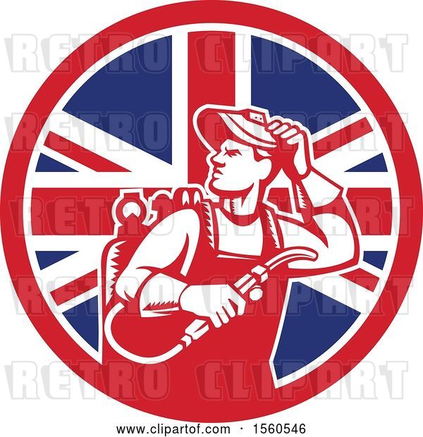 Vector Clip Art of Retro Male Welder Looking Back over His Shoulder in a Union Jack Flag Circle