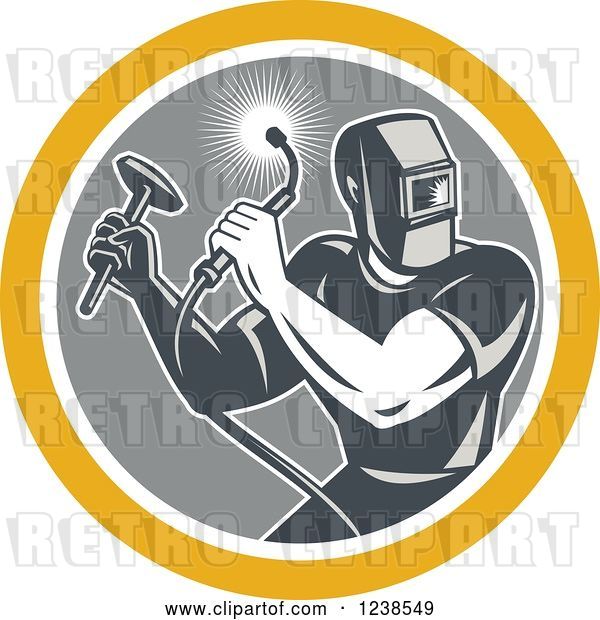 Vector Clip Art of Retro Male Welder with a Torch and Hammer in a Circle