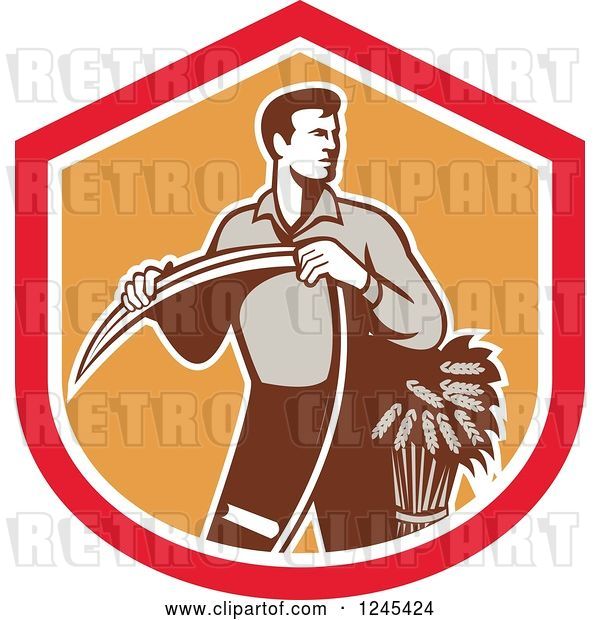 Vector Clip Art of Retro Male Wheat Farmer Holding a Scythe in a Red and Orange Shield