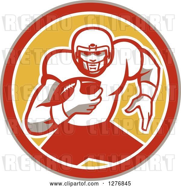 Vector Clip Art of Retro Male White Football Player Runningback with a Ball in a Taupe Orange White and Yellow Circle