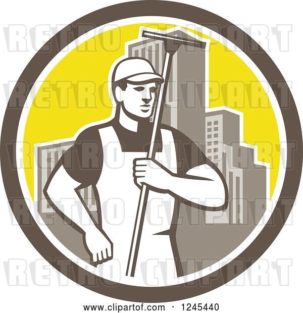 Vector Clip Art of Retro Male Window Washer Holding a Squeegee in a City Circle