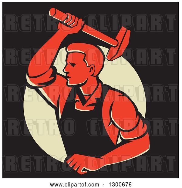 Vector Clip Art of Retro Male Worker Hammering in Red, Black and Yellow