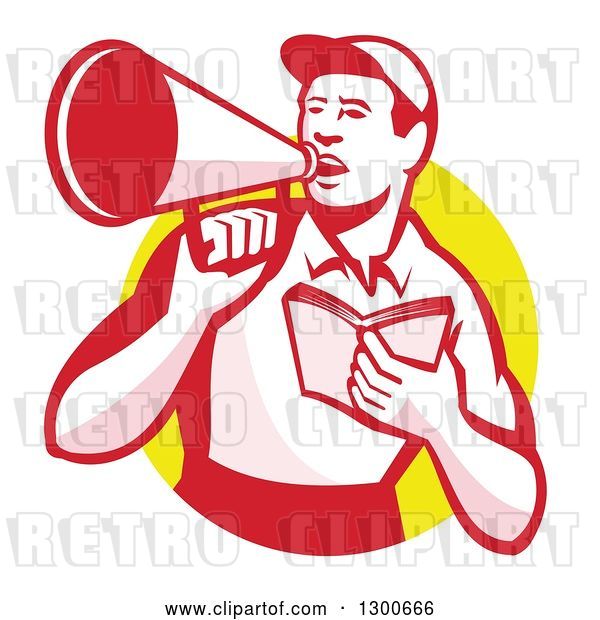 Vector Clip Art of Retro Male Worker Holding a Book and Using a Bullhorn in a Yellow Circle