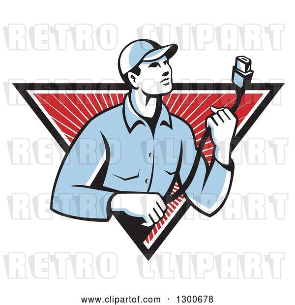 Vector Clip Art of Retro Male Worker Holding a HDMI Cable and Emerging from a Black White and Red Rays Triangle