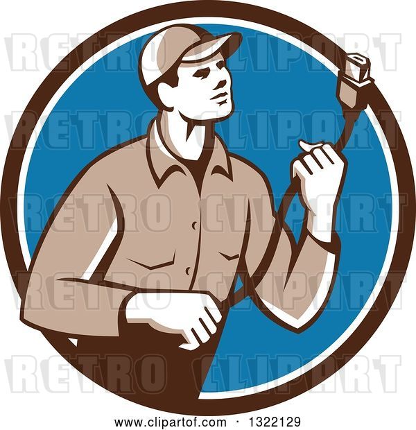 Vector Clip Art of Retro Male Worker Holding a HDMI Cable and Emerging from a Brown White and Blue Circle