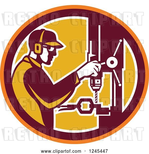 Vector Clip Art of Retro Male Worker Operating a Drill Press in a Circle