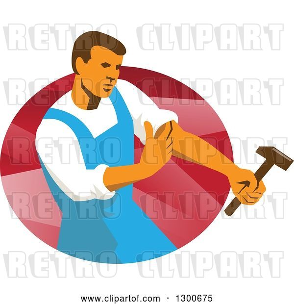 Vector Clip Art of Retro Male Worker Rolling up a Sleeve and Holding a Hammer over an Oval of Red Rays