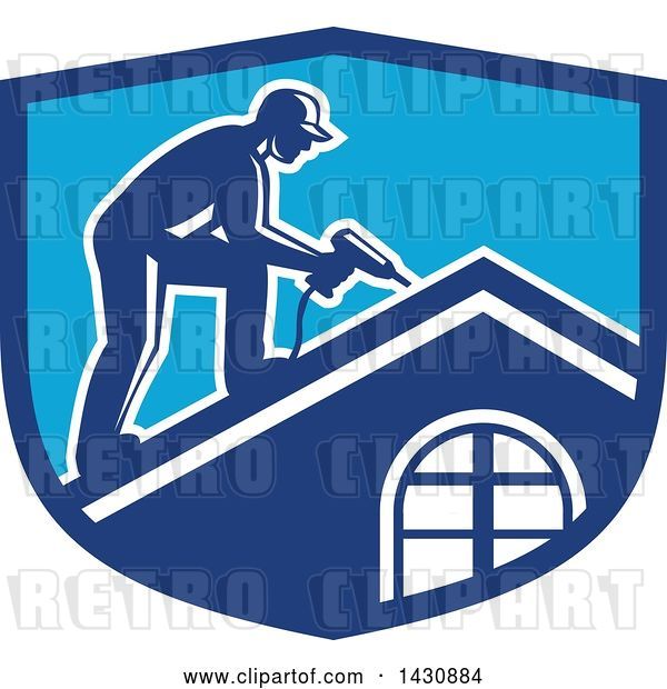 Vector Clip Art of Retro Male Worker Using a Hand Drill on a Roof in a Blue Crest