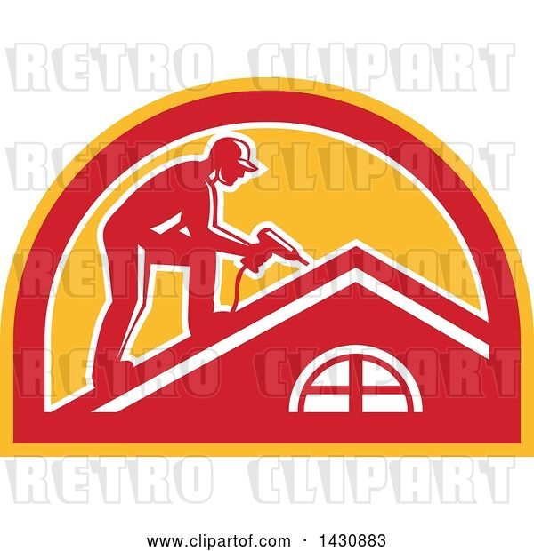Vector Clip Art of Retro Male Worker Using a Hand Drill on a Roof in a White, Red and Orange Half Circle