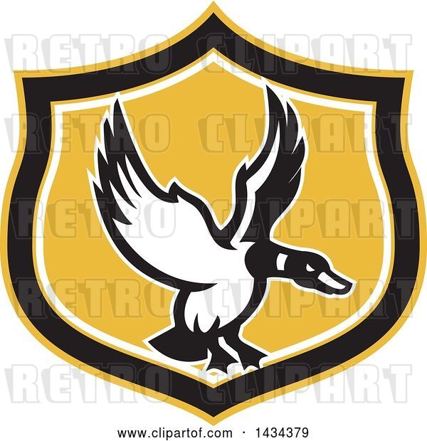 Vector Clip Art of Retro Mallard Duck Flying in a Black White and Yellow Shield