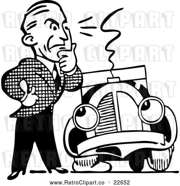 Vector Clip Art of Retro Man and Car with a Flat Tire