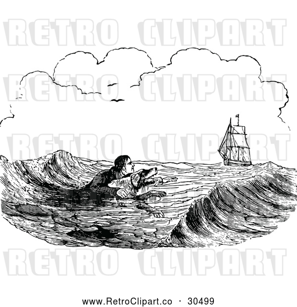 Vector Clip Art of Retro Man and Dog Swimming near a Ship at Sea