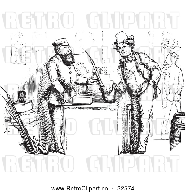 Vector Clip Art of Retro Man Buying a German Pipe in Black and White