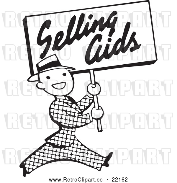 Vector Clip Art of Retro Man Carrying a Selling Aids Sign